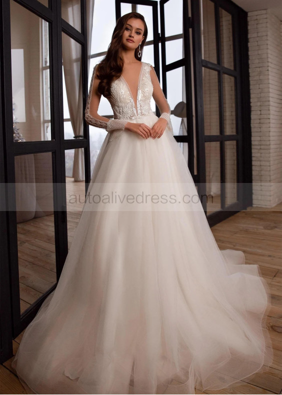 Dazzling Ivory Lace Tulle Beaded Wedding Dress